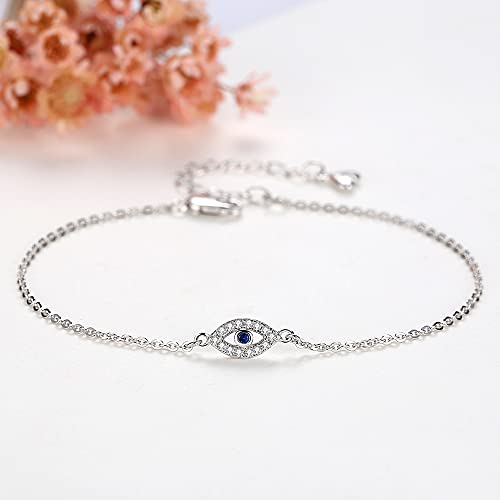 Image of Hamsa Evil Eye Bracelet 925 Sterling Silver Cubic Zirconia Anklet for Women Chain Adjustable 6.3in+1.6in