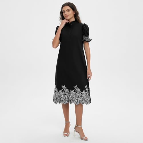 Image of Women's Summer Embroidered Midi Dress 2026 Button Down Short Sleeve Floral Shirt Dress