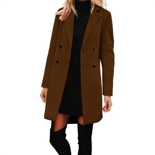 Image of Wool Coats for Women Double Breasted Thick Long Pea Coat Notched Lapel Collar Mid Length Winter Overcoat Outerwear Long Coat 2X Brown