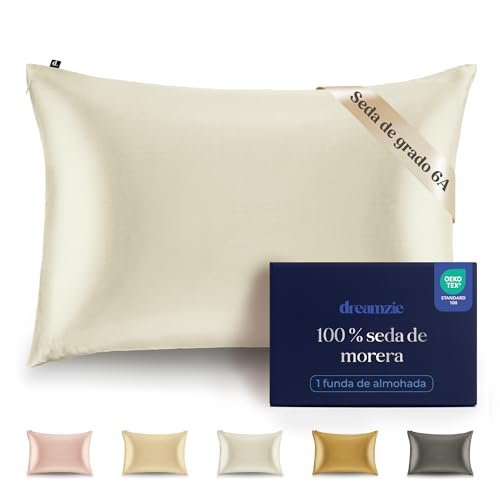 Dreamzie Funda de Almohada de 100% Seda 50 x 75 cm - 22 Momme Seda de Morera, Grado 6A, Certificado Oeko-Tex - Lujo para el Cabello y la Piel, 1 Unidad (Blanco)
