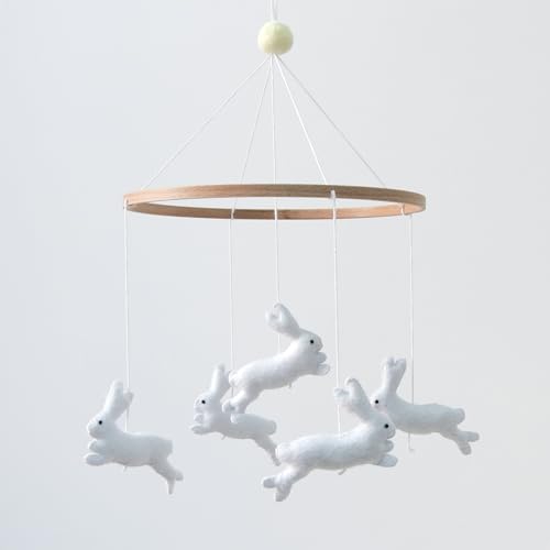 Felt Bunny Crib Mobile for Baby Girls Boys, Handmade Wooden Nursery Hanging Decor, Neutral Rabbit Baby Mobile for Crib Bassinet, Cute Crib Toys Hanging