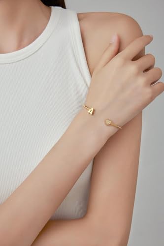 Image of VQYSKO Heart Initial Cuff Bracelets for Woman-CZ Stainless Steel Adjustable Open Bracelet Woman Jewellery,Birthday Gifts for Woman