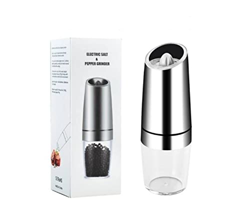 Rachel Broz Automatic Batter Powered Gravity Electric Salt and Pepper Mill/Grinder Set, Stainless Steel, Adjustable Coarseness with Blue LED Light, One Hand Operation (Silver)