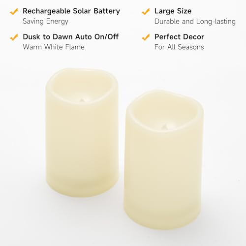 Image of NURADA Large Outdoor Solar Candles Waterproof - 6 inch x 4 inch Rechargeable Solar Powered Flameless LED Pillar Flickering Candle for Patio Porch Lanterns Decor - Ivory Set of 2
