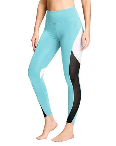 QUEENIEKE Women Yoga Pants Color Blocking Mesh Workout Running Leggings Tights Size XS Color Sky Blue