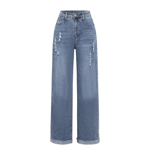 Women's High - Waist Casual Distressed Straight Leg Stretch Jeans with Pockets