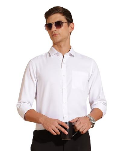Image of Fyltr Men's Regular Fit Shirt - Dobby Self Design| Full Sleeve | Functional Patch Pocket | White Formal Shirts for Men