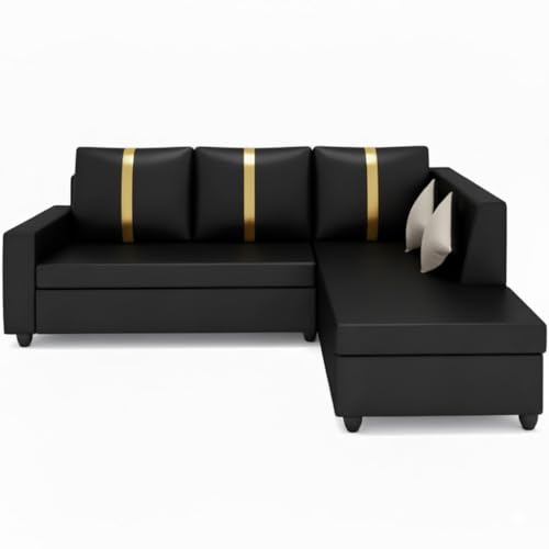 Image of FURNY Nathanoy 4 Seater Leatherette RHS L Shape Sofa Set (Black) Premium Finish | Ideal for Living Rooms
