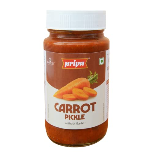 Priya Carrot Pickle without Garlic, 300g - Authentic Telugu Style Achar| Traditional South Indian Taste | Homemade Gajar Achar | Tangy and Spicy| With Carrot Pieces and Mixed Spices | Glass Jar