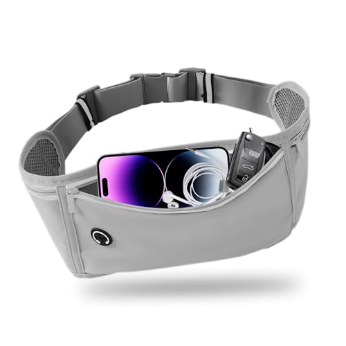 Image of Slim Running Belt for Women Men, Runners Fanny Pack Phone Holder, Money Belt, Running Gear Accessories, with 3 Pockets, Light Gray