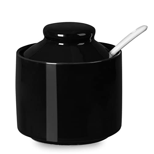 ONTUBE Ceramic Sugar Bowl with Lid and Spoon,Porcelain Seasoning Box Salt Bowl,8oz (Black)