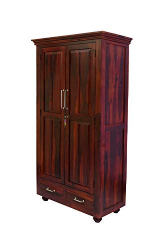 Image of Sheesham Wood Wardrobe with 2 Door and 2 Drawers Storage for Clothes Solid Wood Almari for Living Room Bedroom Home Wooden Furniture