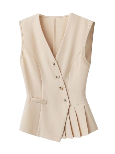 GORGLITTER Women's Sleeveless Button Up Vest Ruffle Hem V Neck Dressy Blazers Jackets