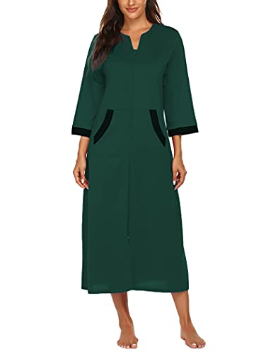 Image of Ekouaer Women Zipper Robe 3 /4 Sleeves Loungewear Dress Full Length Sleepwear Pockets Housecoat Nightgown Long Bathrobe