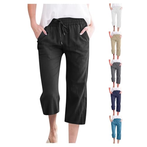 Linen Capri Pants for Women Casual Summer Capris Drawstring Wide Leg Trousers Plus Size Beach Pants with Pockets
