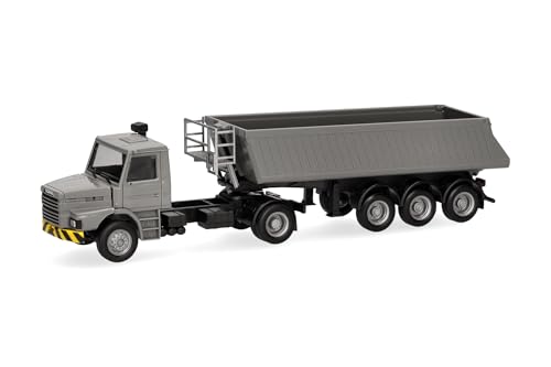 Herpa Camion Miniature Mercedes-Benz/Scania Capot Long Benne basculante, Gris/Jaune, Miniature à l’échelle 1:87, Objet de Collection, fabriqué en...