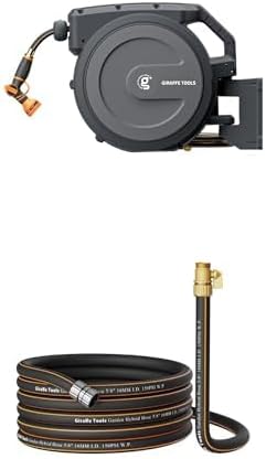 Giraffe Tools Retractable Hose Reel 5/8" x 90 ft Wall Mounted Garden Hose Reel Heavy Duty,Dark Grey+Giraffe Tools Hybrid Garden Hose 25ft x 5/8", Female and male Fittings