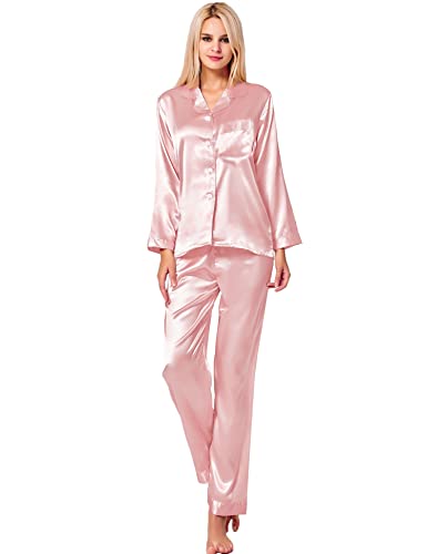 Image of SWOMOG Long Sleeve Pajamas Set Silk Satin Sleepwear Button Down Pjs Loungewear with Pocket