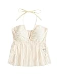 Picture of SHENHE Women's Tie Halter Neck Backless Ruffle Hem Sexy Peplum Crop Top Sleeveless Top Apricot Medium