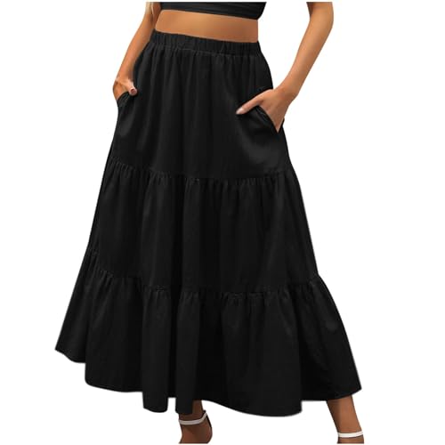 TANGNADE Women's Skirts Knee Length High Waisted Vacation Skirts for Women Summer Trendy Flowy Travel Boho Skirt with Pocket