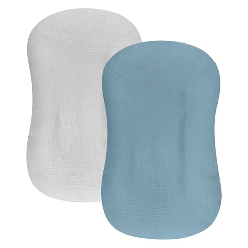 Image of Hooyax Muslin Baby Lounger Cover 2 Pack, 100% Cotton Durable Newborn Lounger Cover, Soft and Breathable Infant Lounger Cover for Boys Girls, Covers Only (Blue Gray)