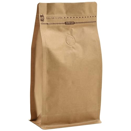 ALLPack Resealable Kraft Paper Coffee Bags with Degassing Valve, Flat Bottom Side Gusset Stand Up Pouches with Zipper Lock (Pack of 50, Size for 35 oz/1 kg Beans or Ground)