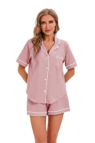 Lubot Women's Pajamas Set Cotton Short Sleeve Button-Down Shirt Pj Pants Two-Piece Shorts Set Summer Night Suit Sleepwear Loungewear (Ash Pink, M) #TOP1