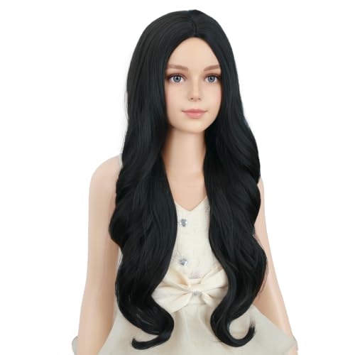 Image of PATTNIUM Child Kids Black Wig Long Wavy Black Wig for Kids Girls Long Synthetic Wig with Wig Cap