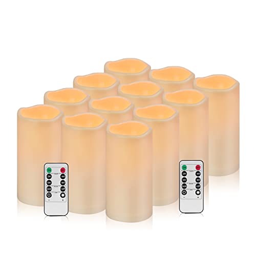 Image of Flameless Candles 4 inch 5 inch 6 inch Outdoor Indoor Pillars Battery Operated Flickering Candles Include 10-Key Remote Timer 400+ Hours by 2 AA Batteries (Ivory Candle - Warm light, 3 inchD x 6 inch H - 12 Pack)