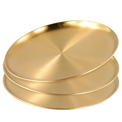 PINGEUI 3 platos llanos dorados de acero inoxidable, 26 cm, bandeja redonda de metal para camping, barbacoa, picnic y uso al aire libre