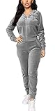 BOGURST Women's Velour Sweatsuit Set 2 Piece Sweatsuit Solid Color Long Sleeve Pullover Long Pants Tracksuit Gray L