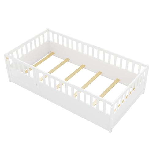 Image of Bellemave Twin Kids Montessori Floor Bed Frame with Slats,White