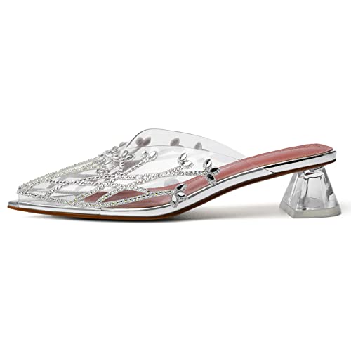 Image of AUMOTED Women's Clear Mule Sandals Pointed Toe Slingback Heels Rhinestone Heels Pumps Wedding Shoes