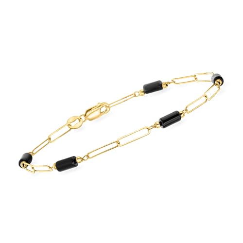 Ross-Simons Italian Onyx Station Paper Clip Link Bracelet in 18kt Yellow Gold