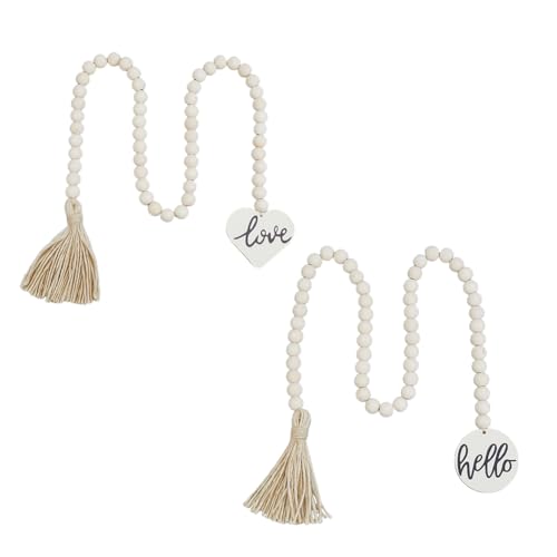 SUPERFINDINGS 2PCS 2 Styles Wood Bead Garland with Tassel 37inch Decorative Beads Farmhouse Beads for Rustic Country Decor Boho Wooden Beads with Love and Hello Tag Pendants