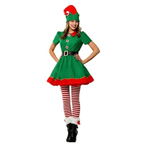 Adult Christmas Elf Costume Clothes Set Santa's Helper Cosplay Sets Men Women Christmas Elf Outfit for Holiday Party (A-Women Elf Green Dress, M) Cover