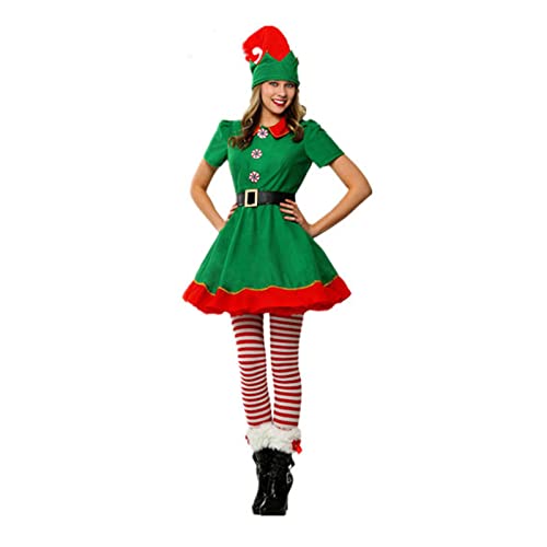 RTGSE Adult Christmas Elf Costume Clothes Set Santas Helper Cosplay Sets Men Women Christmas Elf Outfit for Holiday Party (A-women Green Dress M)