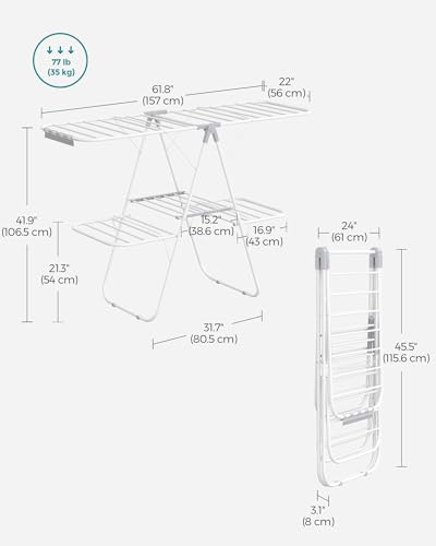 SONGMICS Clothes Drying Rack, Foldable 2-Level Laundry Drying Rack, Free-Standing Laundry Airer, with Height-Adjustable Wings, 33 Drying Rails, Sock Clips, White and Gray ULLR053G01V1
