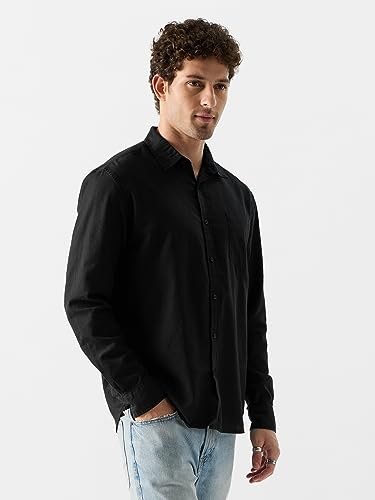 Image of The Souled Store Original Solids: Black Men Cotton Linen Shirts