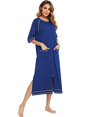 Image of Veseacky Women Robe Zipper Front House Coat 3 /4 Sleeve Nightgown Full Length Ladies Lounge Dress with Pockets S-XXL