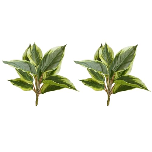 Lovmeety 2 Pack Artificial Plants, Faux Dieffenbachia Green Leaves Shrubs Plants Realistic Fake Variegated Hosta Greenery Leaf for Home Shelf Office Party Garden Bathroom Decoration