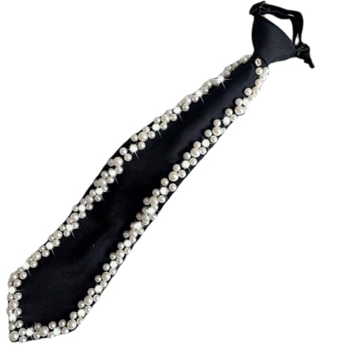 Amazleer Women Faux Pearl Bow Tie, Black Silk Necktie, Adjustable Pre-tied Neck Tie with Rhinestones, Formal Wear for Women (Black)