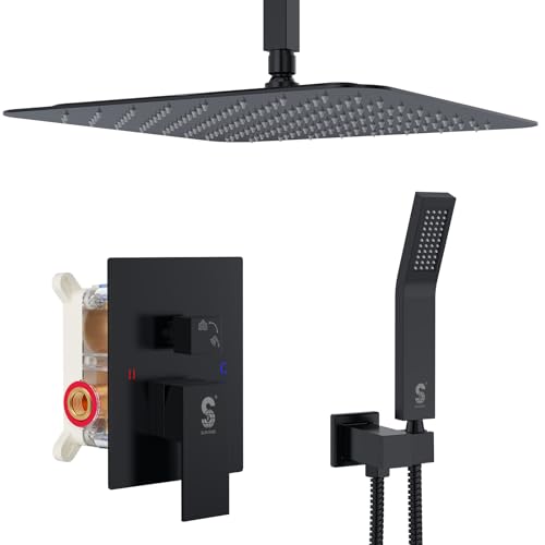 SR SUN RISE 12 Inch Ceiling Mount Matte Black Shower System Bathroom Luxury Rain Mixer Shower Faucet...