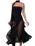 Womens Sexy Party Club Dress Strapless Tube Top Bodysuits and Sheer Mesh Ruched Hem Flowy Midi Dresses Black M