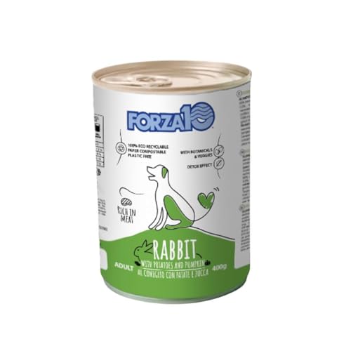 Forza 10 Umido Cane gusto CONIGLIO, alimento completo di mantenimento per cani adulti di tutte le taglie e razze, for dogs, rabbit | 6 scatolette da 400 grammi l'una.
