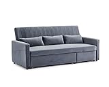 Home Detail 3 Seater Sofa Bed Pull-Out Grey Blue Velvet Grey Linen Storage Chaise (Grey Velvet) - Image 4