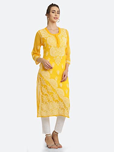 Image of FAWOMENT Women's Designer Straight Georgette Hand Embroidered Lucknowi Chikankari Kurta Designed in Side Jhaar Pattern Alongwith Slip