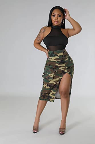 Women's Camo Skirts High Waisted Cargo Midi Pencil Dress Army A-Line Mini Skirt Pleated Slit Front Bodycon With Pocket #TOP4
