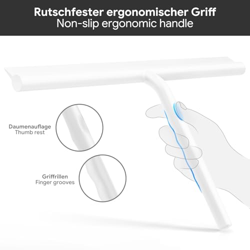 ecooe Silikon Duschabzieher 33cm Weiß, Abzieher Dusche mit Halter, ohne Bohren Duschabzieher, Fensterabzieher mit Edelstahlkern, Badwischer für Glas, Spiegel, Fenster, Fliesen