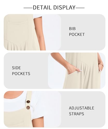 NILOUFO Women Summer Wide Leg Bib Overalls - Casual Loose Jumpsuits Baggy Rompers with Pockets Adjustable Strap(Beige, Medium) — view 5